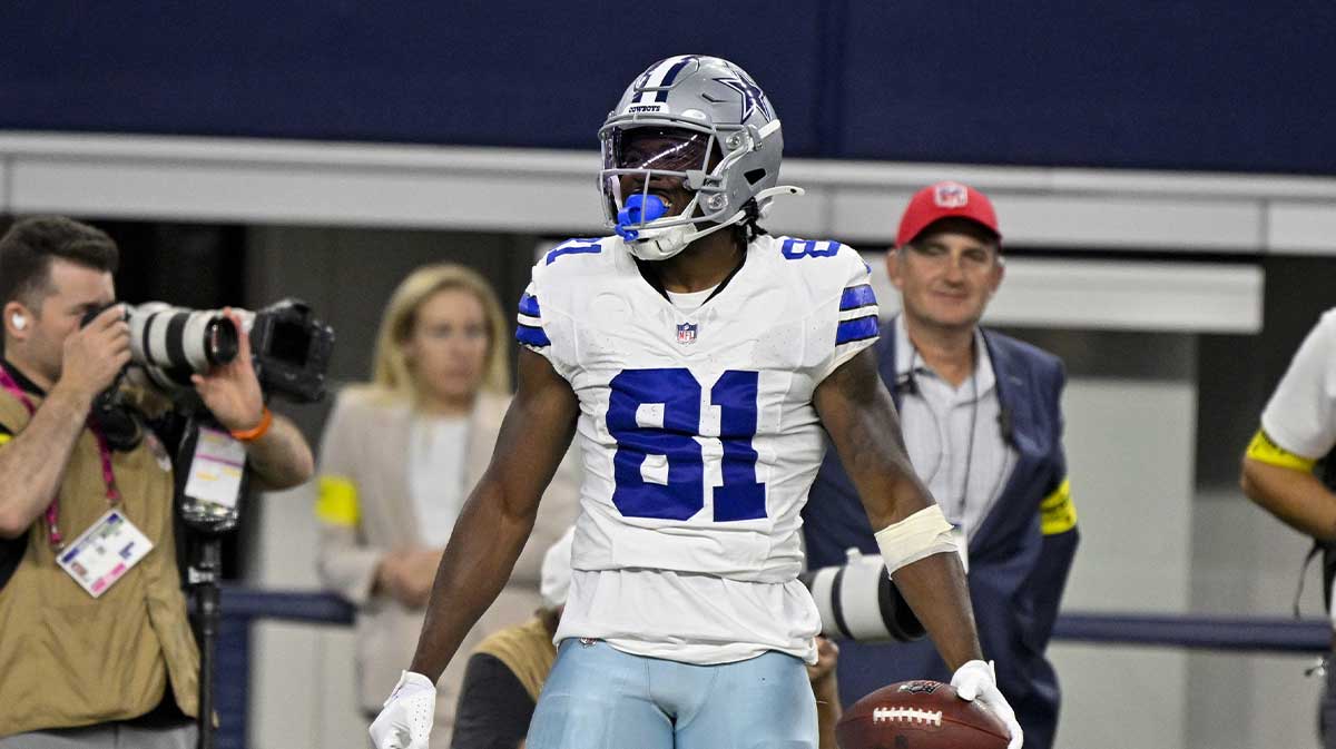 Dallas Cowboys wide receiver Jonathan Mingo (81) celebrates after he catches a pass for a first down against the Baltimore Ravens during the second half at AT&T Stadium.