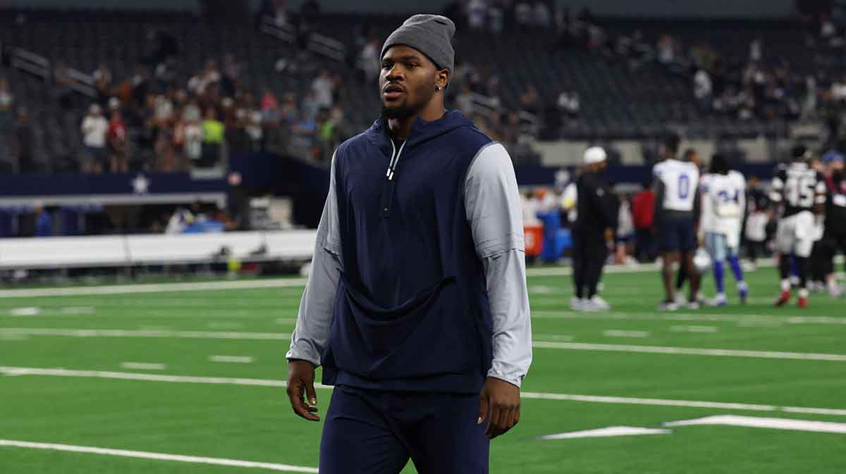 Dallas Cowboys defensive end Micah Parsons walks off the field after the game against the Atlanta Falcons at AT&T Stadium.