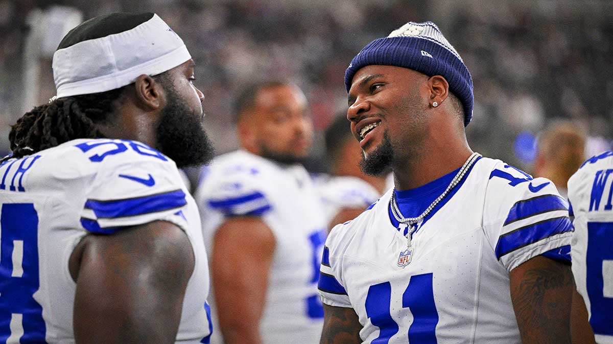 Dallas Cowboys defensive end Micah Parsons (11) and defensive tackle Mazi Smith (58) before the game between the Dallas Cowboys and the Baltimore Ravens at AT&T Stadium.
