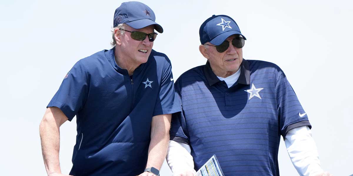 Dallas Cowboys owner Jerry Jones (right) and son Jerry Jones Jr. during training camp at the River Ridge Fields.