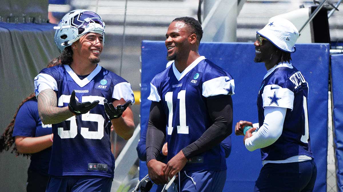 Dallas Cowboys linebacker Marist Liufau (35), defensive end Micah Parsons (11) and linebacker DeMarvion Overshown (0) during training camp at the River Ridge Fields.