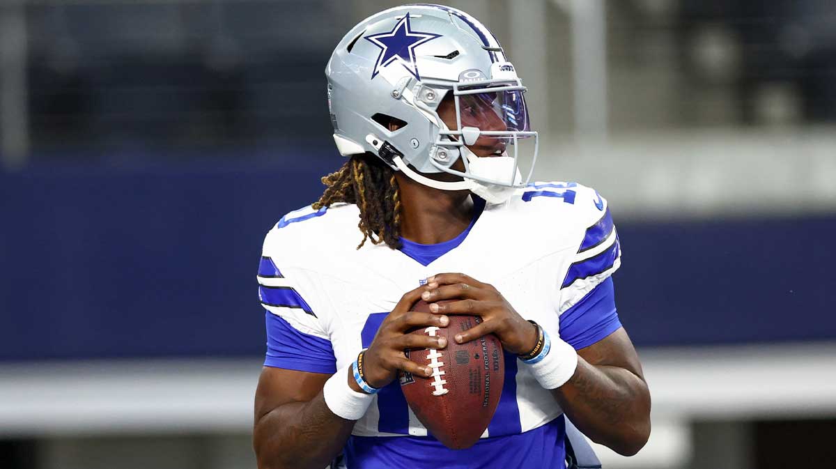 Dallas Cowboys quarterback Joe Milton III (10) warms up before the game against the Baltimore Ravens at AT&T Stadium.