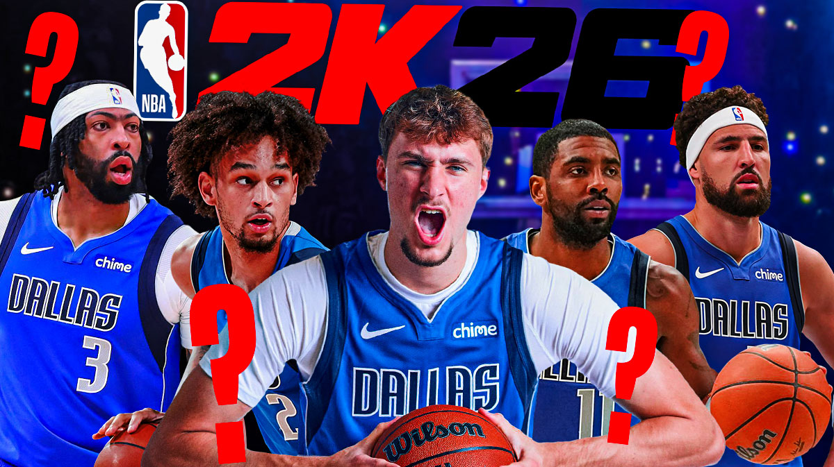 Anthony Davis, Kyrie Irving, Cooper Flagg, Dereck Lively II and Klay Thompson in Mavericks jersey with 2k26 logo at the top with a question mark? Dallas Mavericks NBA 2K26 ratings that are 100% wrong