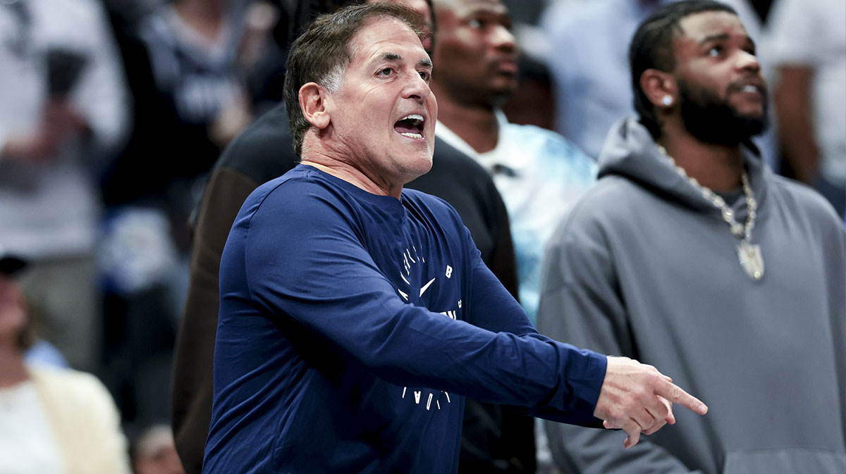 Mark Cuban reacts against the Philadelphia 76ers during the second half at American Airlines Center.