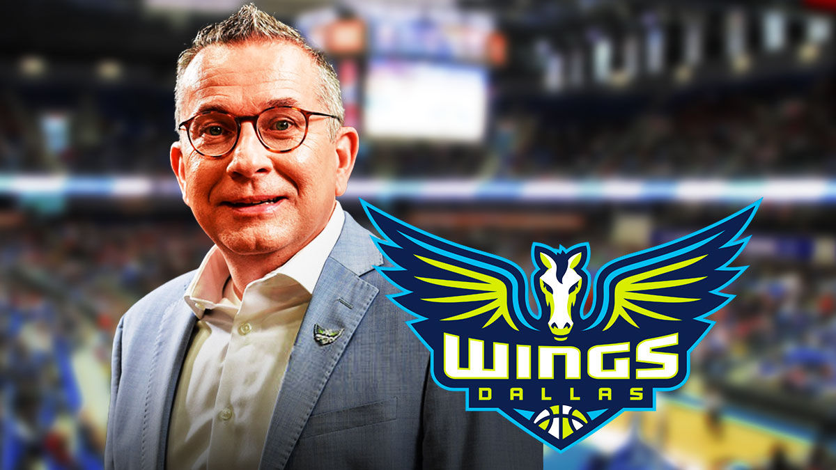 Wings Curt Miller on left, Dallas Wings 2025 logo on right.