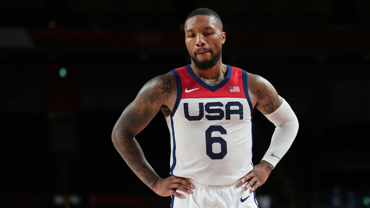 USA player Damian Lillard (6) is see on the court as USA plays Iran during the Tokyo 2020 Olympic Summer Games at Saitama Super Arena.