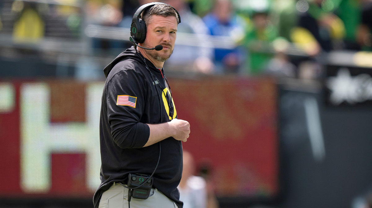 Oregon coach Dan Lanning oversees his team as the Fighting Ducks face off against Mighty Oregon in the Oregon Ducks spring game on April 26, 2025, at Autzen Stadium in Eugene.