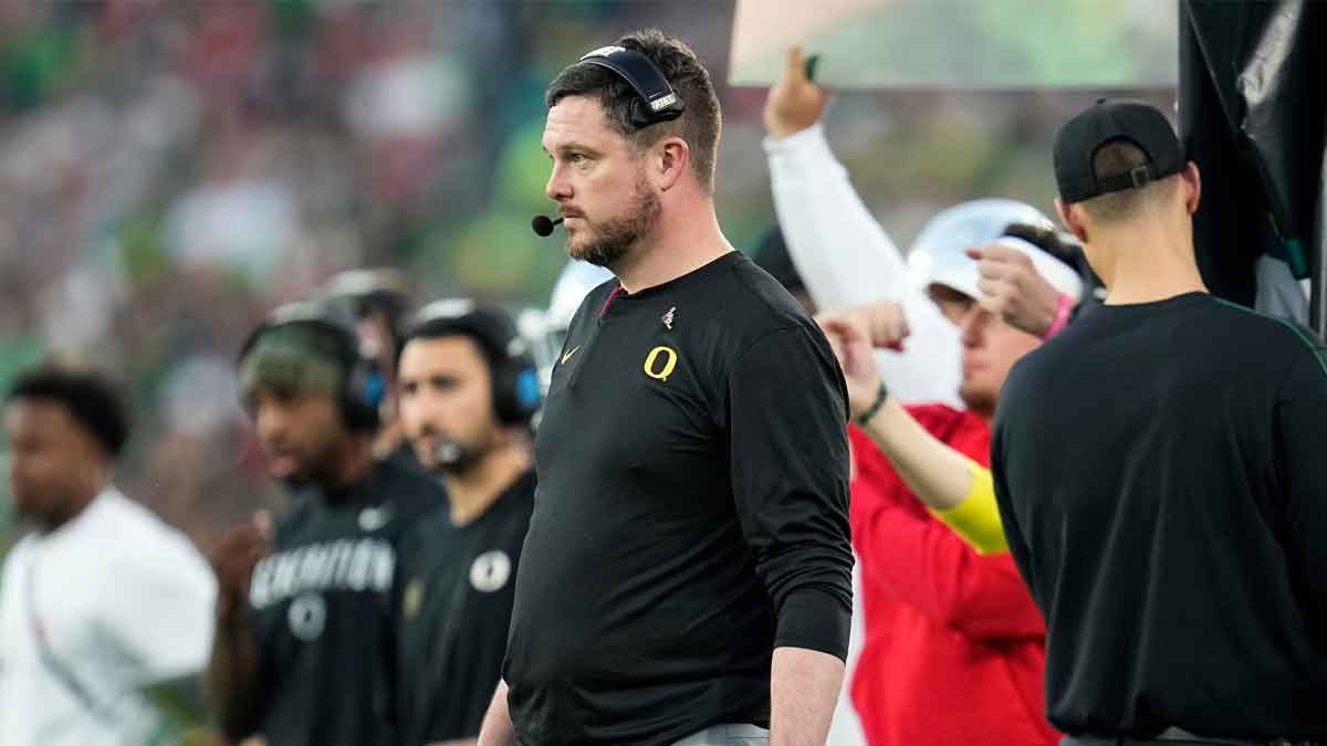 Oregon Ducks head coach Dan Lanning watches from the sideline during the College Football Playoff quarterfinal against the Ohio State Buckeyes at the Rose Bowl in Pasadena, Calif. on Jan. 1, 2025. Ohio State won 41-21.