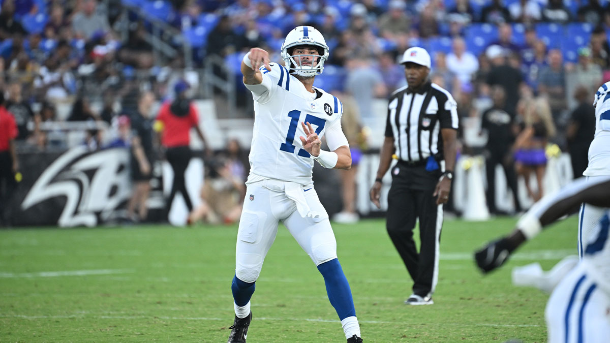 Aug 7, 2025; Baltimore, Maryland, USA; Indianapolis Colts quarterback Daniel Jones (17) attempts a pass against the Baltimore Ravens during the first quarter at M&T Bank Stadium. 
