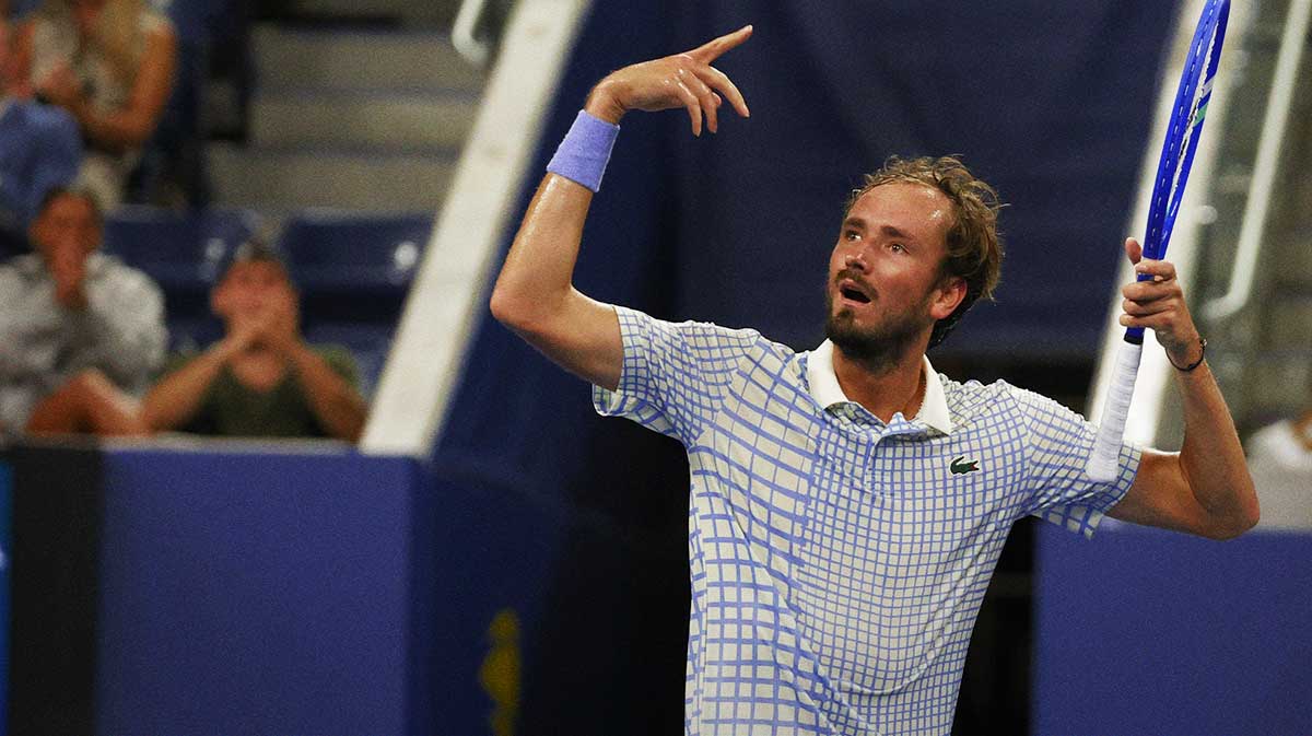 Daniil Medvedev gestures after winning a point against Benjamin Bonzi (FRA)(not pictured) on day one of the 2025 US Open at USTA Billie Jean King National Tennis Center.