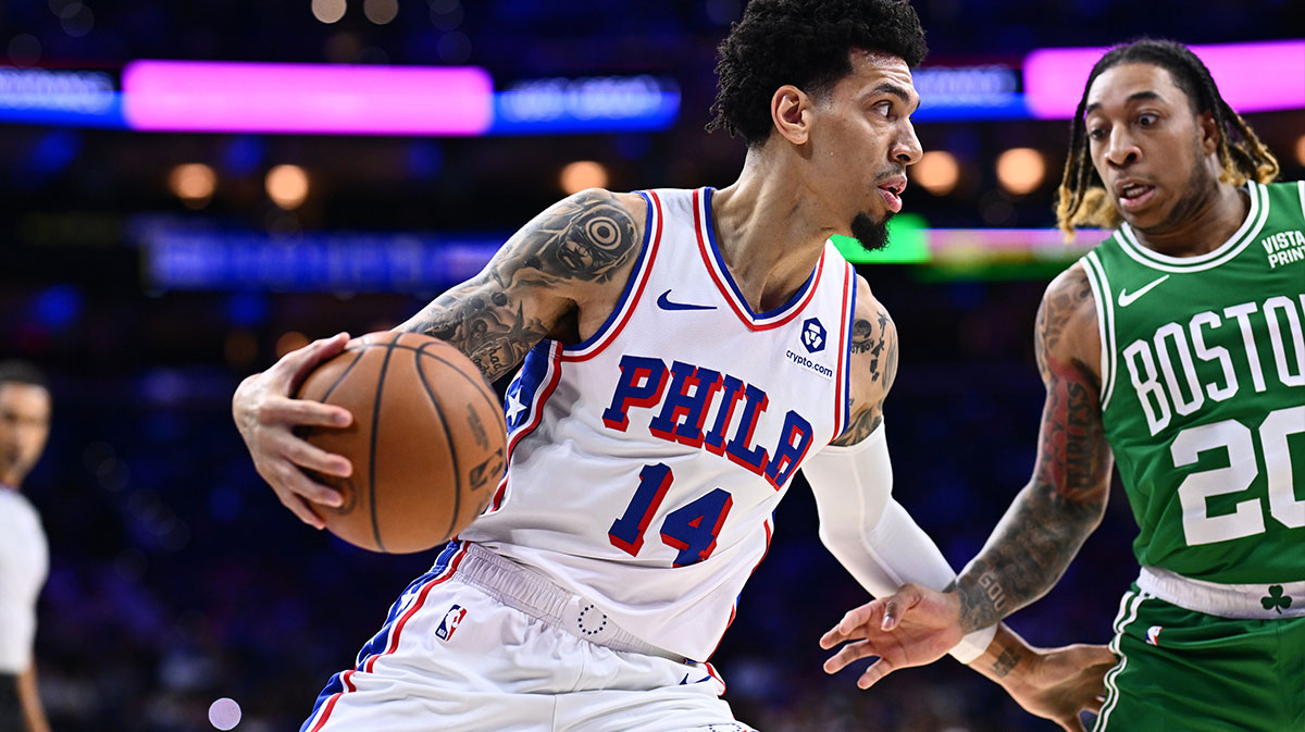 Philadelphia 76ers forward Danny Green (14) controls the ball against Boston Celtics guard JD Davidson (20) in the fourth quarter at Wells Fargo Center.