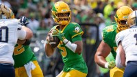 Oregon quarterback Dante Moore looks to pass as the Oregon Ducks host the Montana State Bobcats on Aug. 30, 2025, at Autzen Stadium in Eugene, Oregon.
