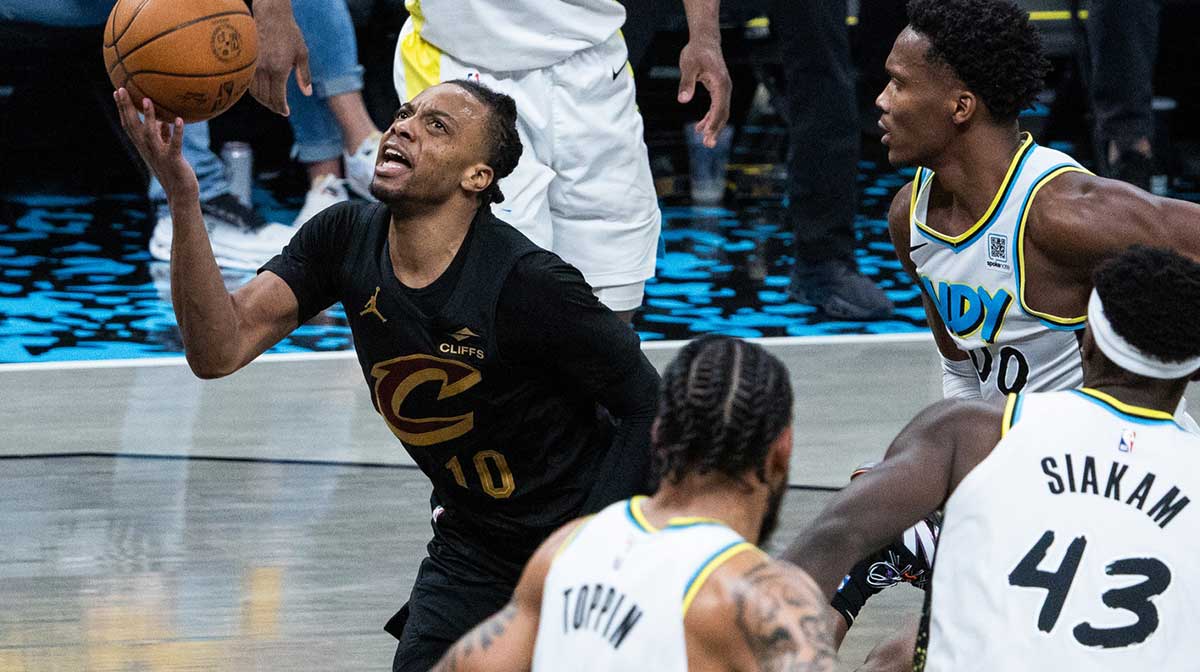 Cleveland Cavaliers guard Darius Garland (10) shoots the ball while Indiana Pacers guard Bennedict Mathurin (00) defends during game three of the second round for the 2025 NBA Playoffs at Gainbridge Fieldhouse.