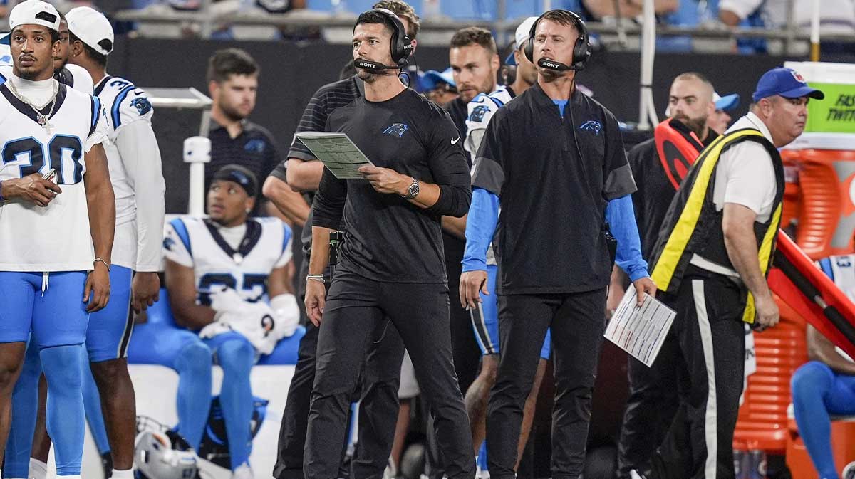 Carolina Panthers head coach Dave Canales on the sideline during the second quarter against the Pittsburgh Steelers at Bank of America Stadium.