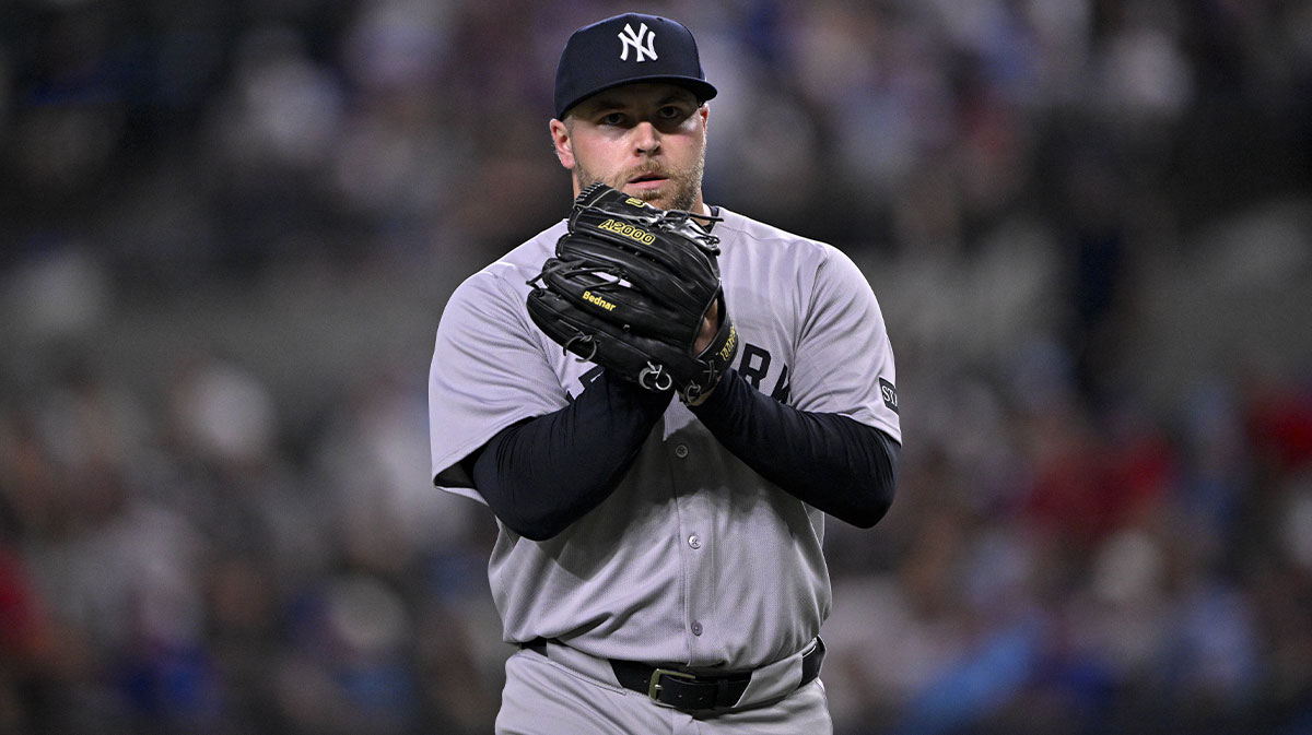 New York Yankees relief pitcher David Bednar (53) in action during the game between the Texas Rangers and the New York Yankees at Globe Life Field.