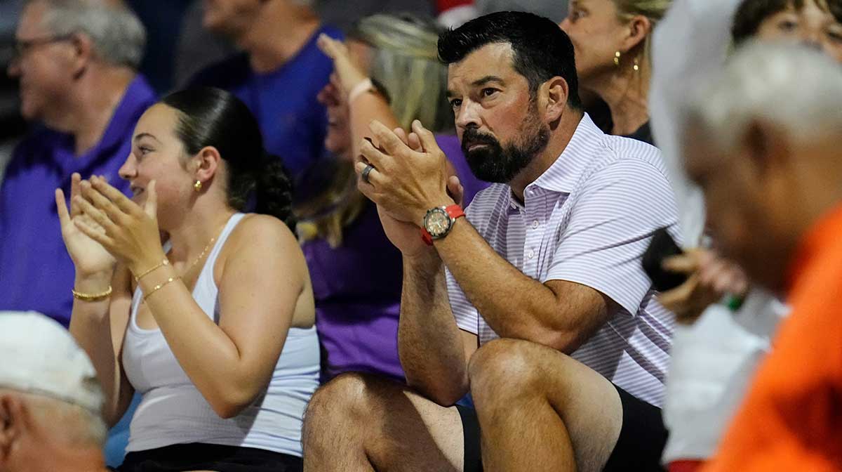 Ohio State football head coach Ryan Day watches as his son, St. Francis DeSales quarterback RJ Day, plays against Olentangy Berlin during Week 1 of high school football at DeSales High School on Aug. 23, 2025.