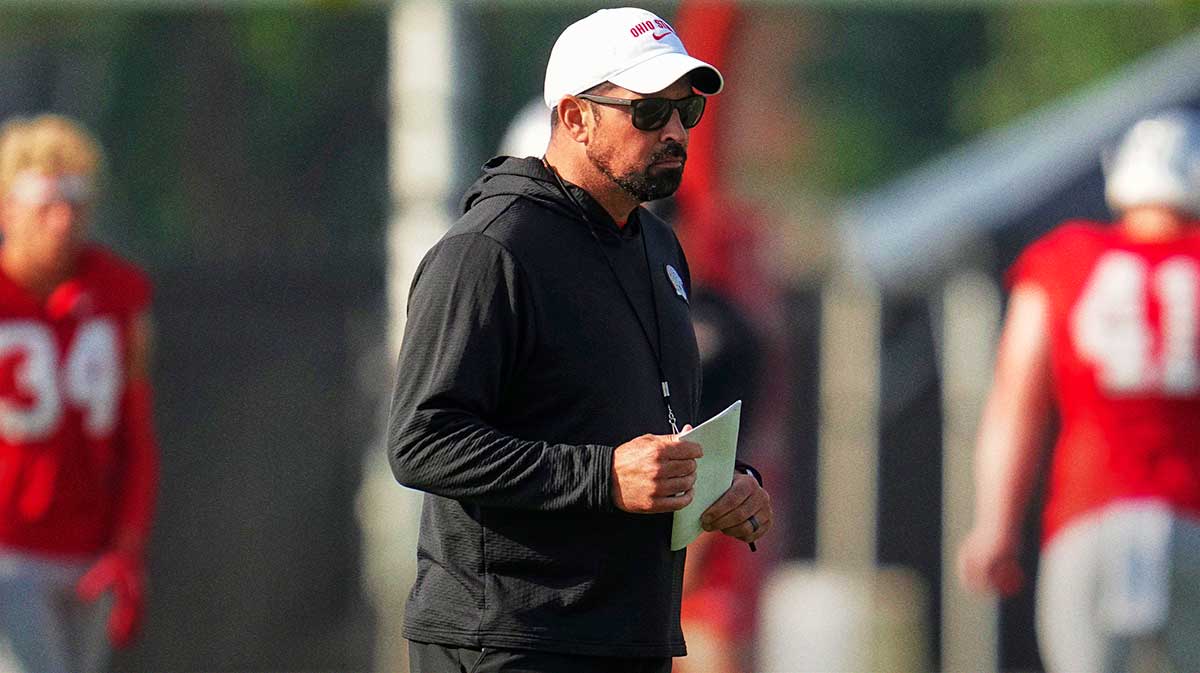 Ohio State Buckeyes head coach Ryan Day leads football training camp at the Woody Hayes Athletic Center on Aug. 1, 2025.