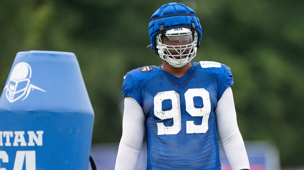 Indianapolis Colts defensive tackle DeForest Buckner (99) works through drills Monday, July 28, 2025, during training camp held at Grand Park in Westfield.