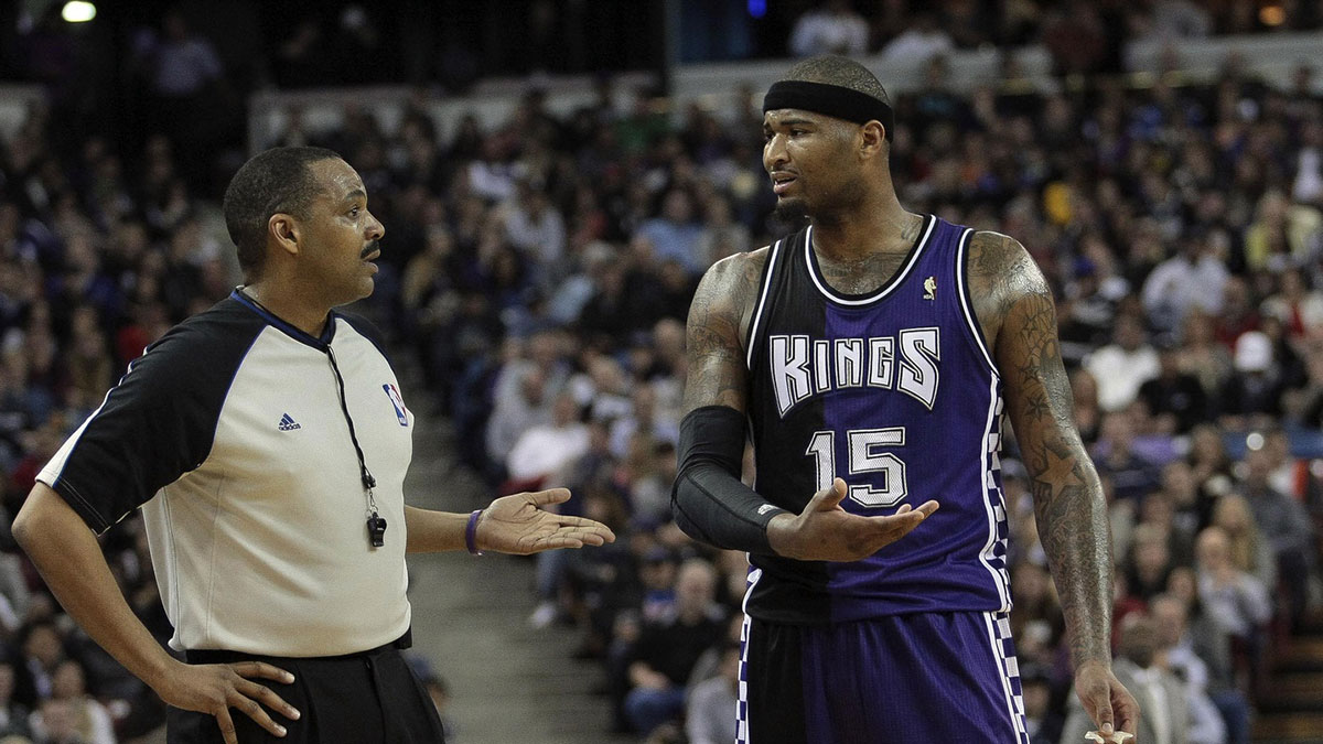 Sacramento Kings center DeMarcus Cousins (15) argues with the referee against the San Antonio Spurs during the third quarter at Sleep Train Arena. The San Antonio Spurs defeated the Sacramento Kings 108-102.