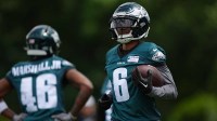 Philadelphia Eagles wide receiver DeVonta Smith (6) performs a practice drill at NovaCare Complex.