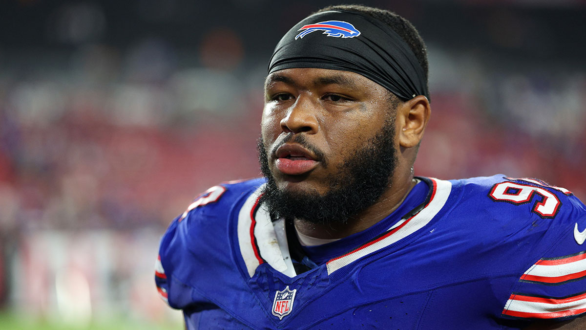 Buffalo Bills defensive tackle DeWayne Carter (90) looks on after a game against the Tampa Bay Buccaneers at Raymond James Stadium.