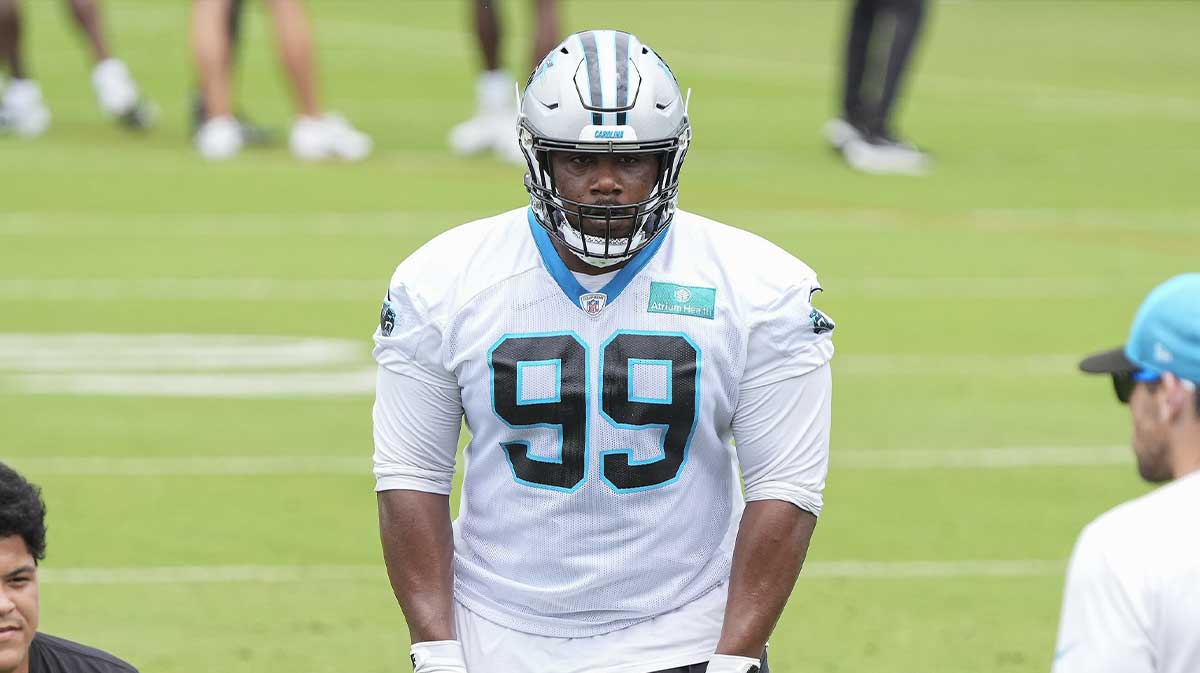 Carolina Panthers defensive tackle Shy Tuttle (99) prepares for a drill during OTAs.