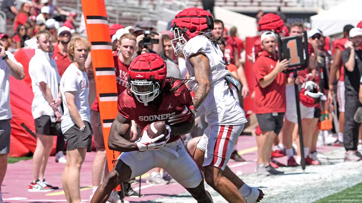 Oklahoma's Deion Burks runs after a catch during the University of Oklahoma Sooners Crimson Combine at Gaylord Family - Oklahoma Memorial Stadium in Norman, Okla., Saturday, April, 12, 2025.