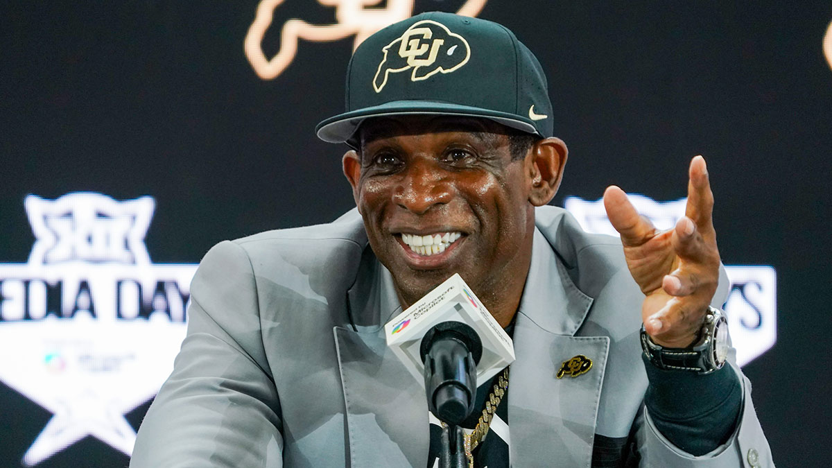 Colorado head coach Deion Sanders speaks with the media during 2025 Big 12 Football Media Days at The Star. Mandatory Credit.