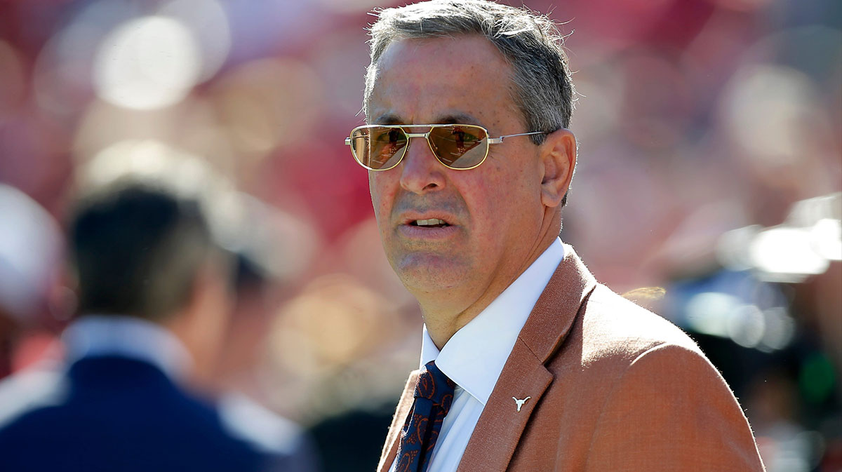 University of Texas athletic director Chris Del Conte is seen before the Red River Showdown college football game between the University of Oklahoma Sooners (OU) and the University of Texas (UT) Longhorns at the Cotton Bowl in Dallas, Saturday, Oct. 9, 2021. Oklahoma won 55-48. Ou Vs Texas