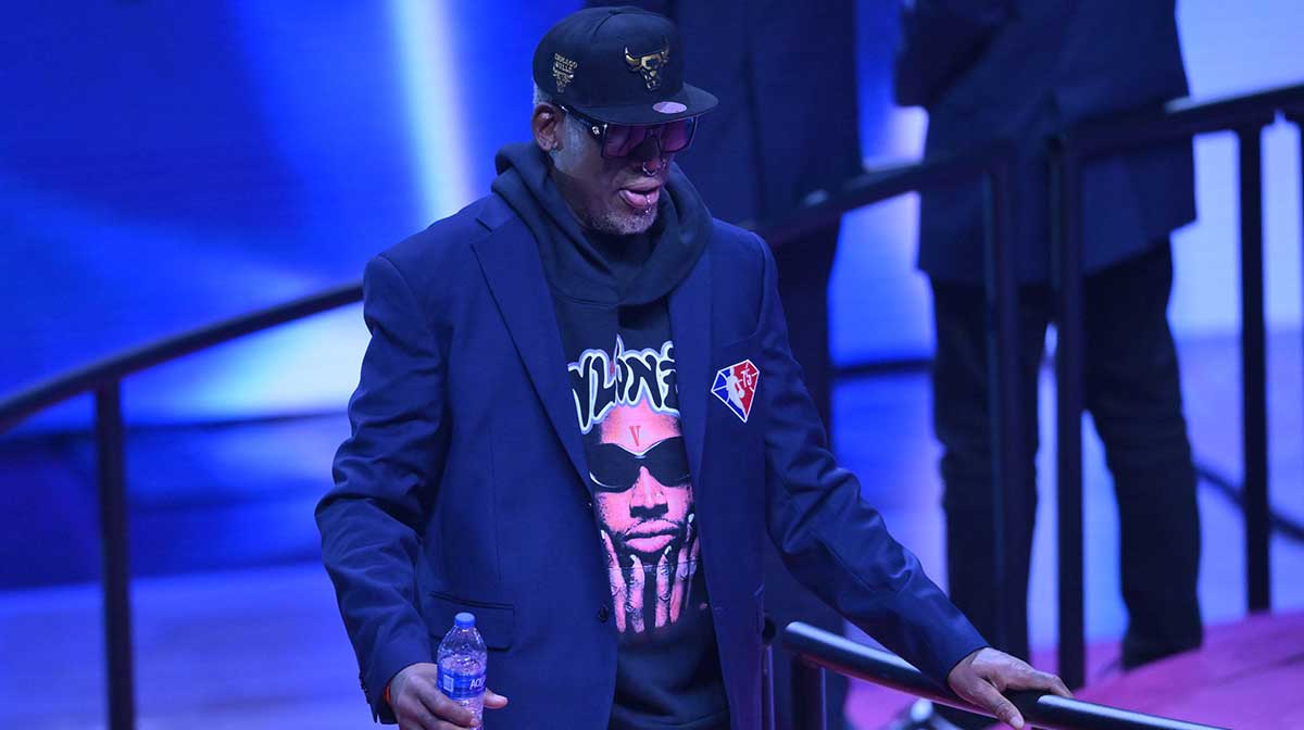 Dennis Rodman is honored during halftime during the 2022 NBA All-Star Game at Rocket Mortgage FieldHouse.