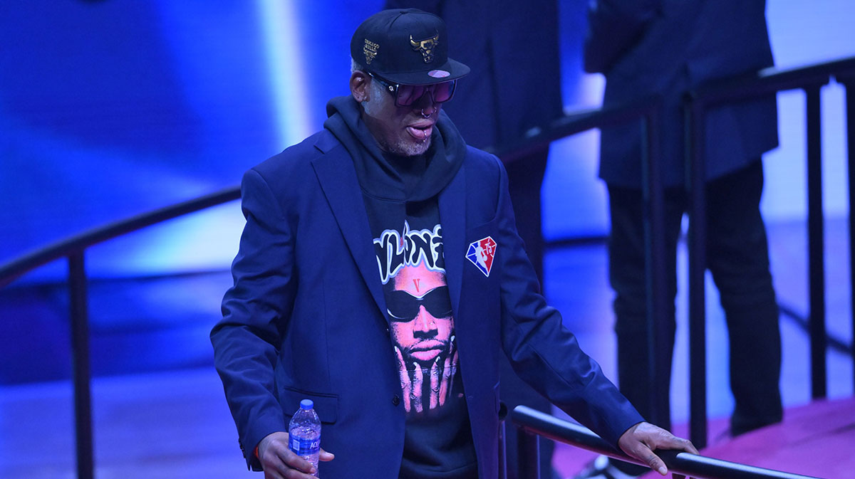 Dennis Rodman is honored during halftime during the 2022 NBA All-Star Game at Rocket Mortgage FieldHouse.