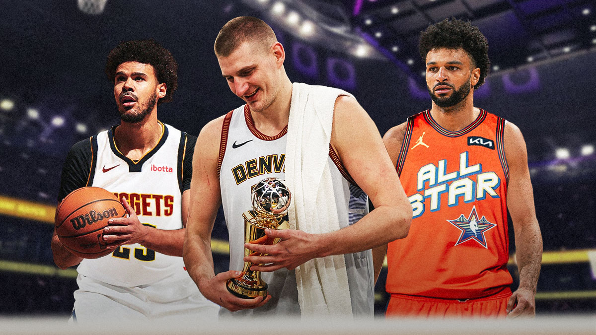 Nuggets' Nikola Jokic holds MVP award, Cameron Johnson (in Nuggets uniform) on fire, Jamal Murray wearing an All-Star jersey