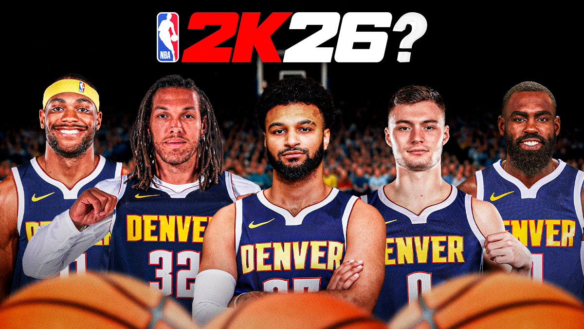 amal Murray, Aaron Gordon, Christian Braun, Tim Hardaway Jr., and Bruce Brown in the Nuggets jersey with the 2K26 logo at the top with a question mark.
