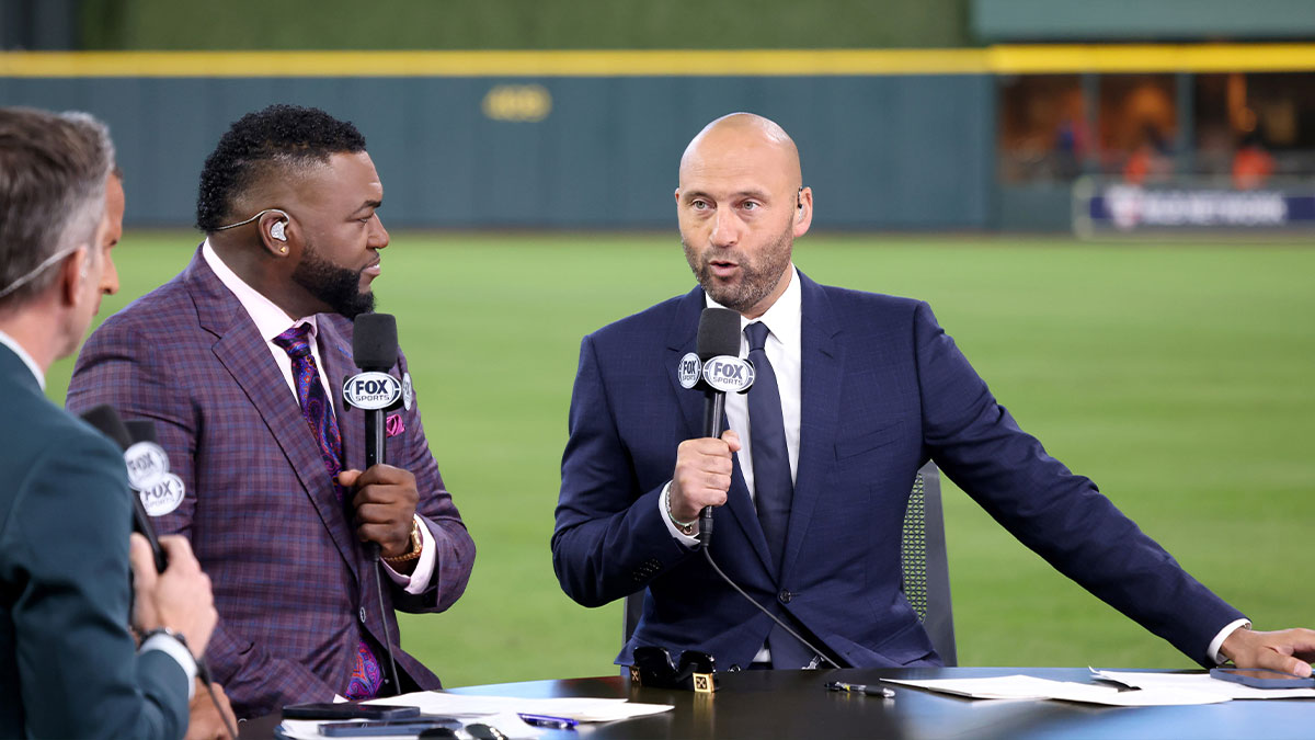 Derek Jeter and David Ortiz speak on the Fox pregame show before game two between the Texas Rangers and the Houston Astros in the ALCS for the 2023 MLB playoffs at Minute Maid Park.