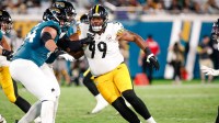 Pittsburgh Steelers defensive tackle Derrick Harmon (99) rushes the passer against the Jacksonville Jaguars during a preseason game at EverBank Stadium.