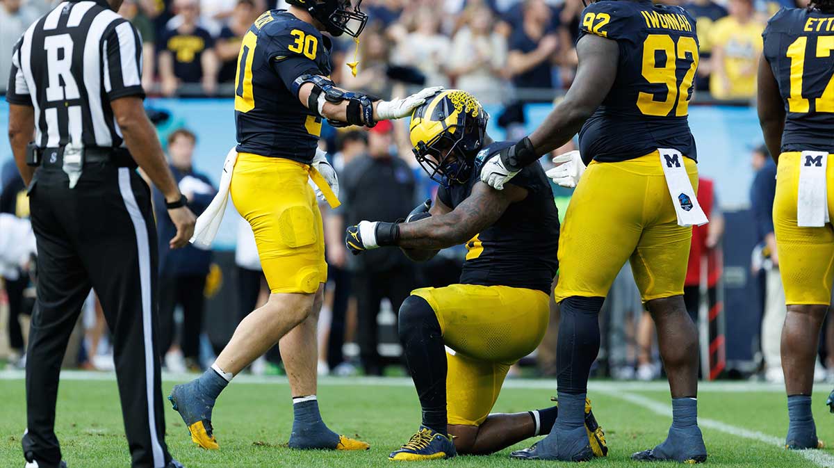 Michigan Wolverines defensive end Derrick Moore (8) reacts with Michigan Wolverines linebacker Jimmy Rolder (30) and Michigan Wolverines defensive lineman Ike Iwunnah (92) after a sack against the Alabama Crimson Tide during the first half at Raymond James Stadium.