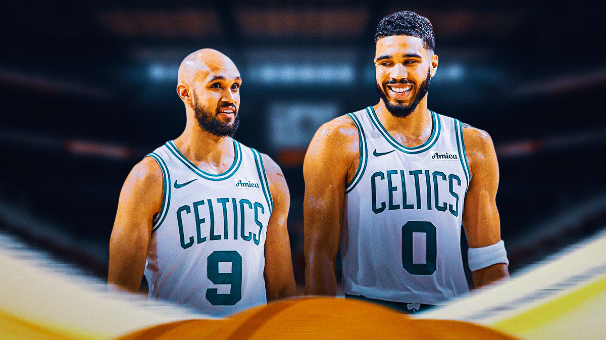 Jayson Tatum laughing next to Derrick White