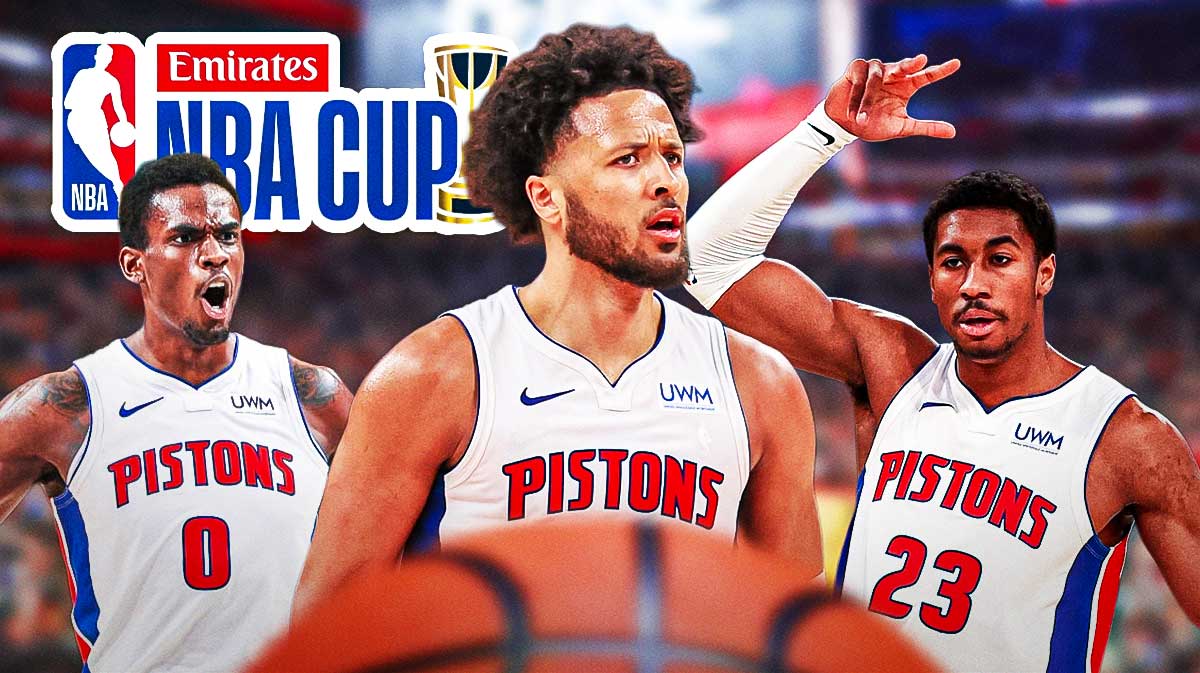 Pistons' Cade Cunningham, Jaden Ivey, and Jalen Duren hyped up, with NBA Cup logo beside them