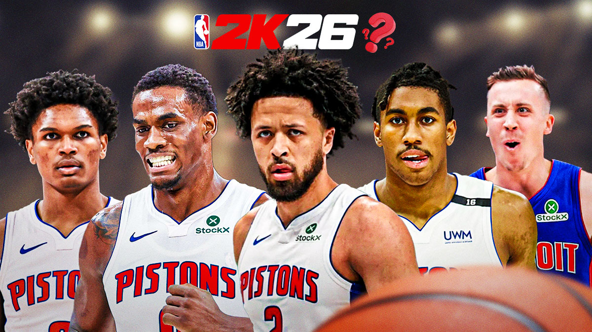 Detroit Pistons NBA 2K26 ratings that are 100% wrong. Cade Cunningham, Jalen Duren, Jaden Ivey, Ausar Thompson and Duncan Robinson in the Pistons Jersey with 2k26 logo at the top with a single question mark.