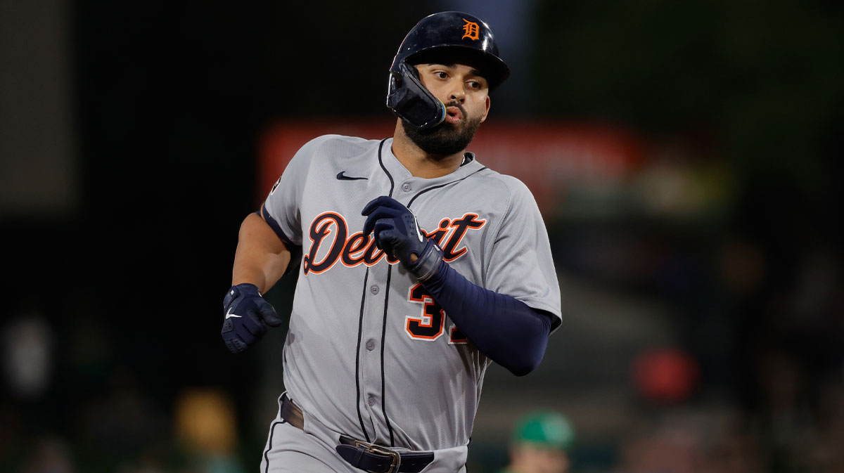 Detroit Tigers left fielder Riley Greene (31) rounds the bases after hitting a grand slam home run during the third inning against the Athletics at Sutter Health Park.