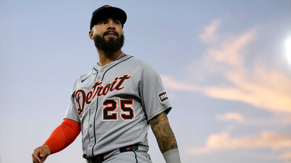 Detroit Tigers second baseman Gleyber Torres (25) walks towards against the Athletics before the start of the third inning at Sutter Health Park.