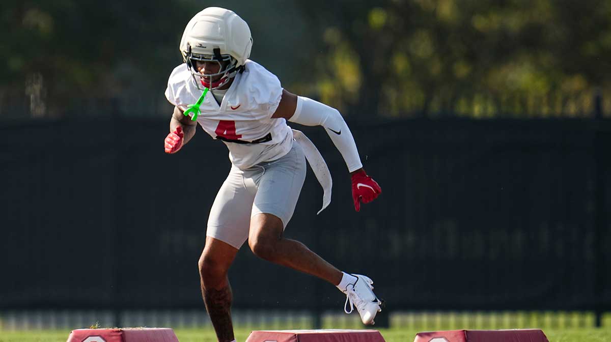 Ohio State Buckeyes cornerback Devin Sanchez (4) runs a drill during football training camp at the Woody Hayes Athletic Center on Aug. 1, 2025.