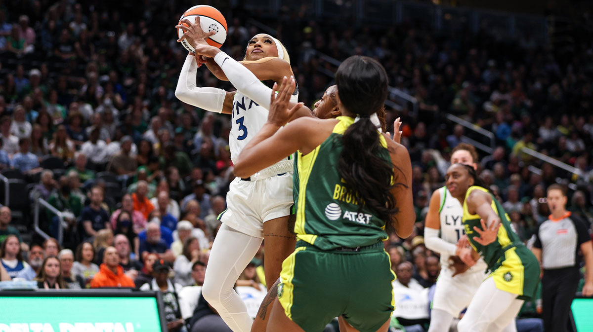 Minnesota Lynx guard Dijonai Carrington (3) shoots a lay up during the first half against the Seattle Storm at Climate Pledge Arena.
