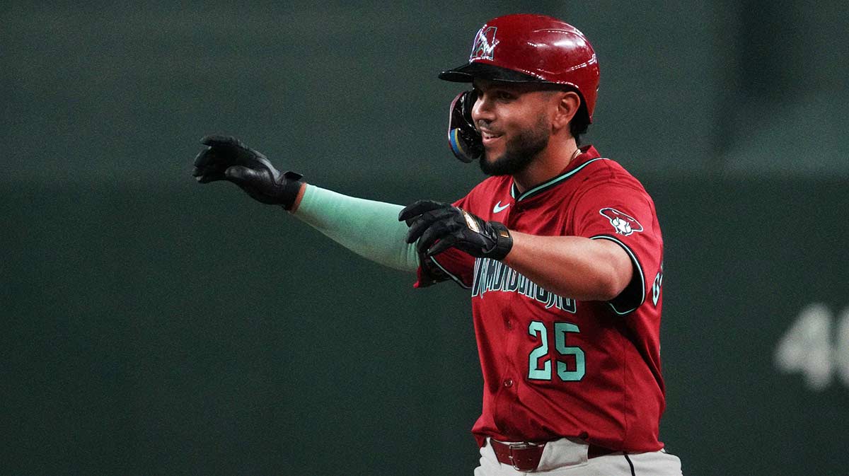 Arizona Diamondbacks catcher Adrian Del Castillo (25) reacts after hitting an RBI walk off single against the Cleveland Guardians in the tenth inning at Chase Field.