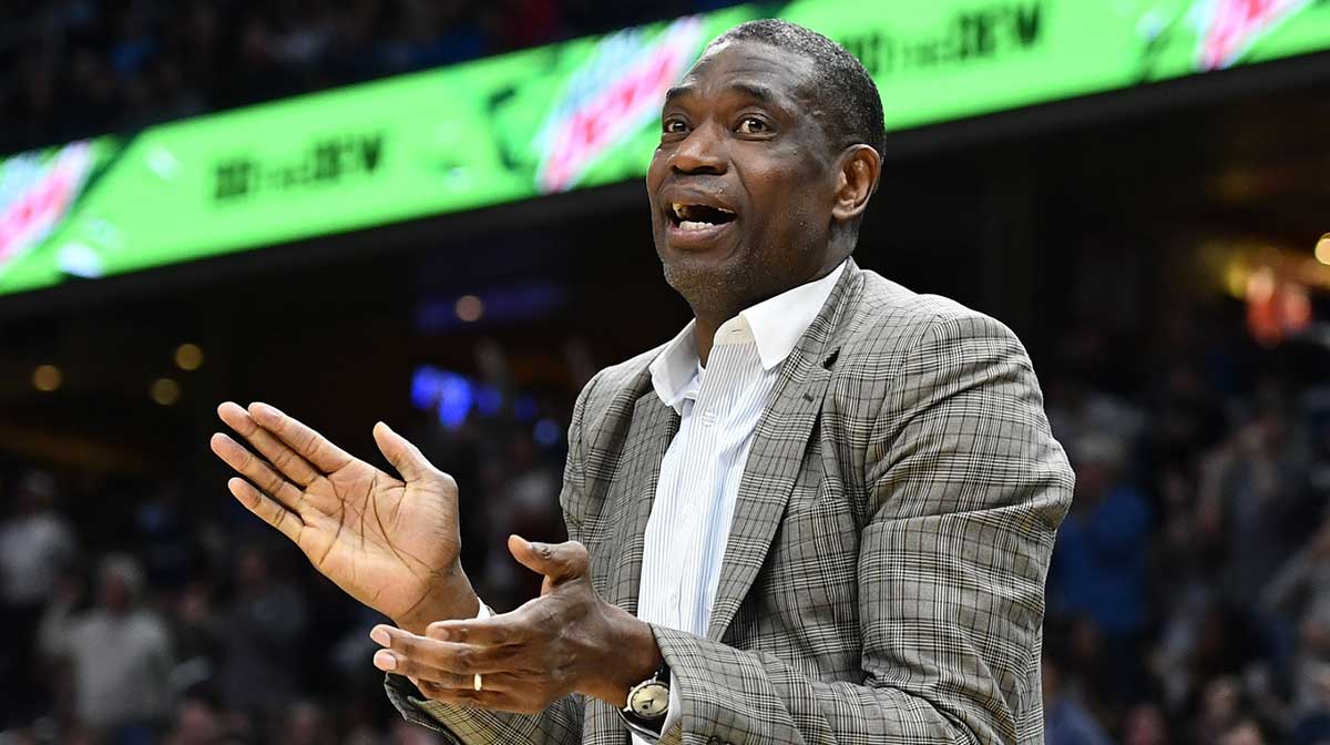 Georgetown Hoyas former player Dikembe Mutombo at the game against the Villanova Wildcats during the second half at Capital One Arena.