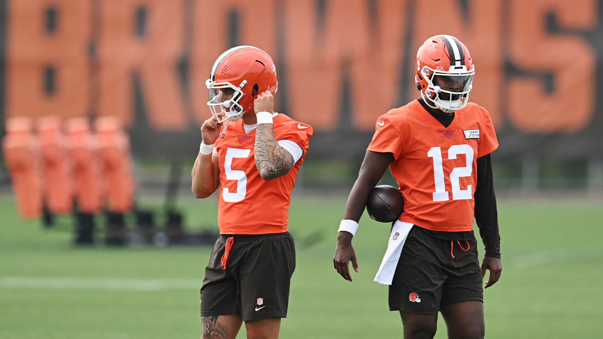 Cleveland Browns quarterback Dillon Gabriel (5) and quarterback Shedeur Sanders (12) during mini camp at CrossCountry Mortgage Campus.
