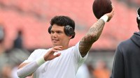 Cleveland Browns quarterback Dillon Gabriel (5) warms up before the game between the Browns and the Rams at Huntington Bank Field.