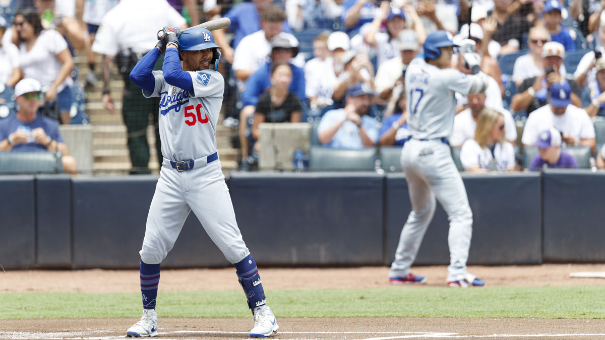 Los Angeles Dodgers short stop Mookie Betts (50) stands at the plate with designated hitter Shohei Ohtani (17) behind against the Tampa Bay Rays during the first inning at George M. Steinbrenner Field.