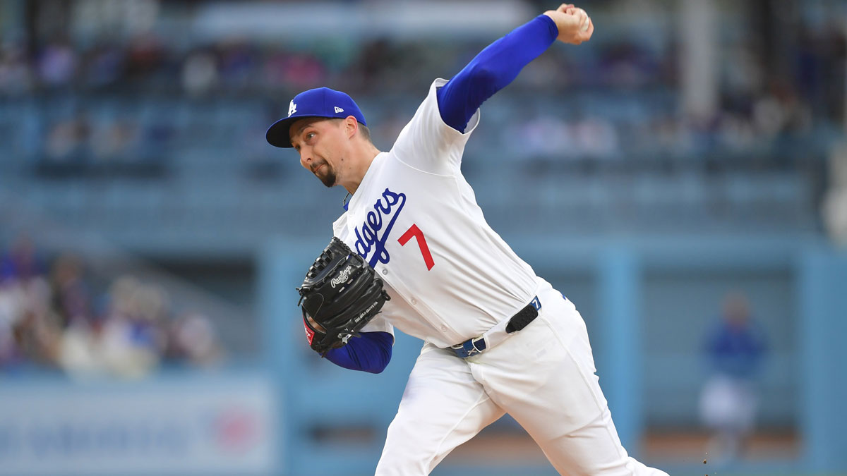 Los Angeles Dodgers pitcher Blake Snell (7) throws during the third inning against the Atlanta Braves at Dodger Stadium.