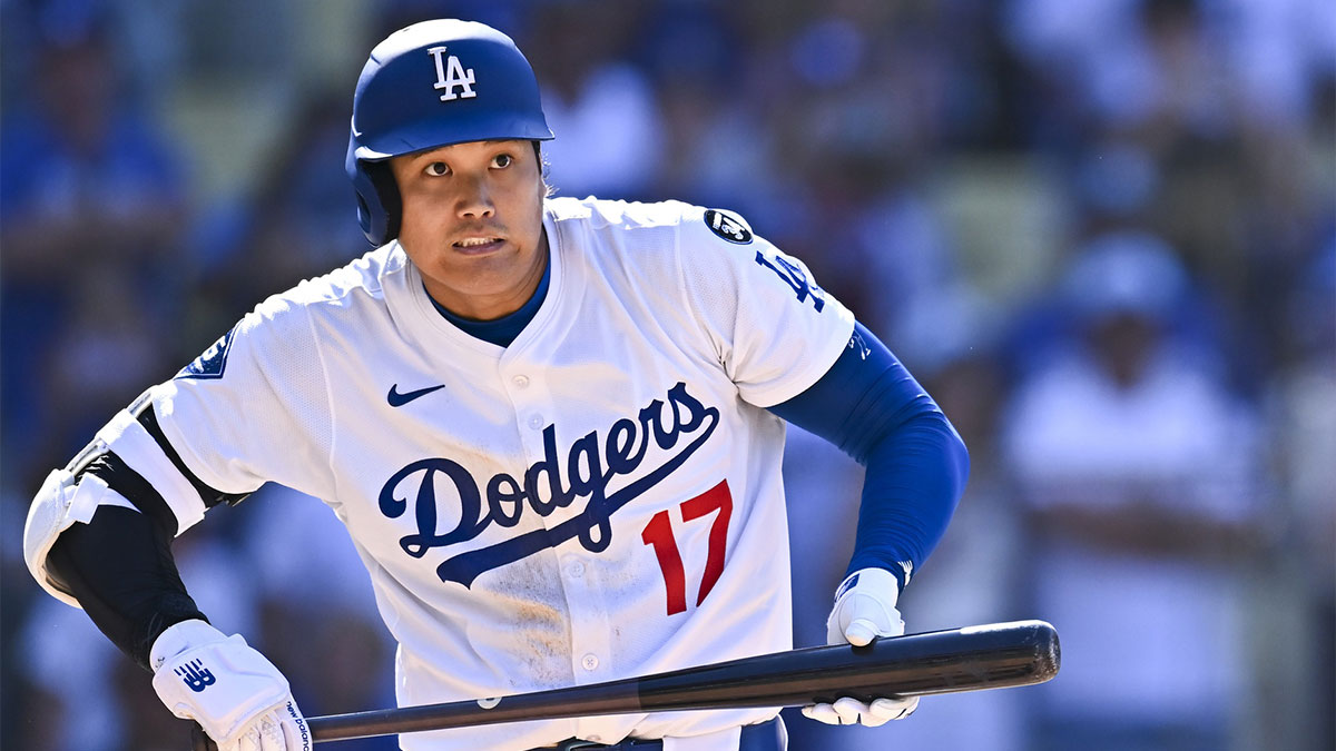 Dodgers designated hitter Shohei Ohtani (17) reacts after hitting a foul ball against the Toronto Blue Jays during the ninth inning at Dodger Stadium